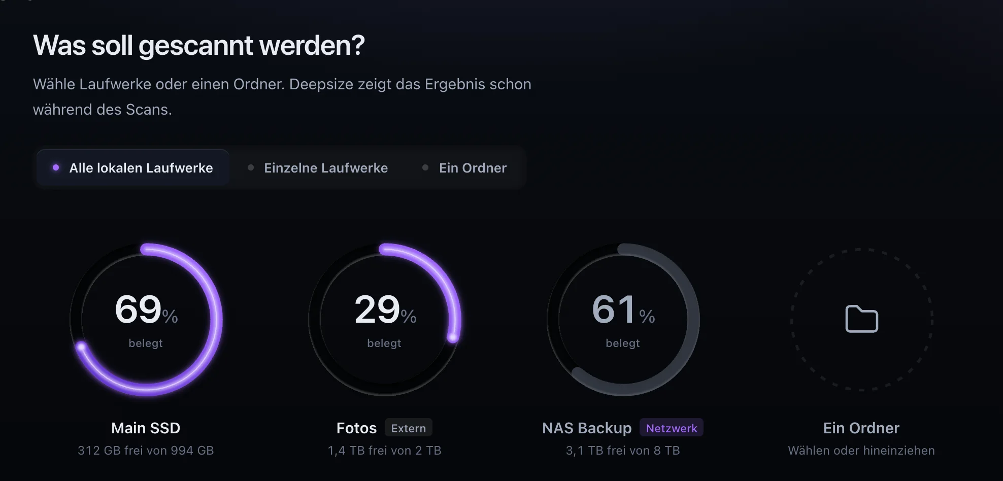 Der Startdialog von Deepsize: drei Laufwerke mit ihrer Belegung, eines extern, eines im Netzwerk.