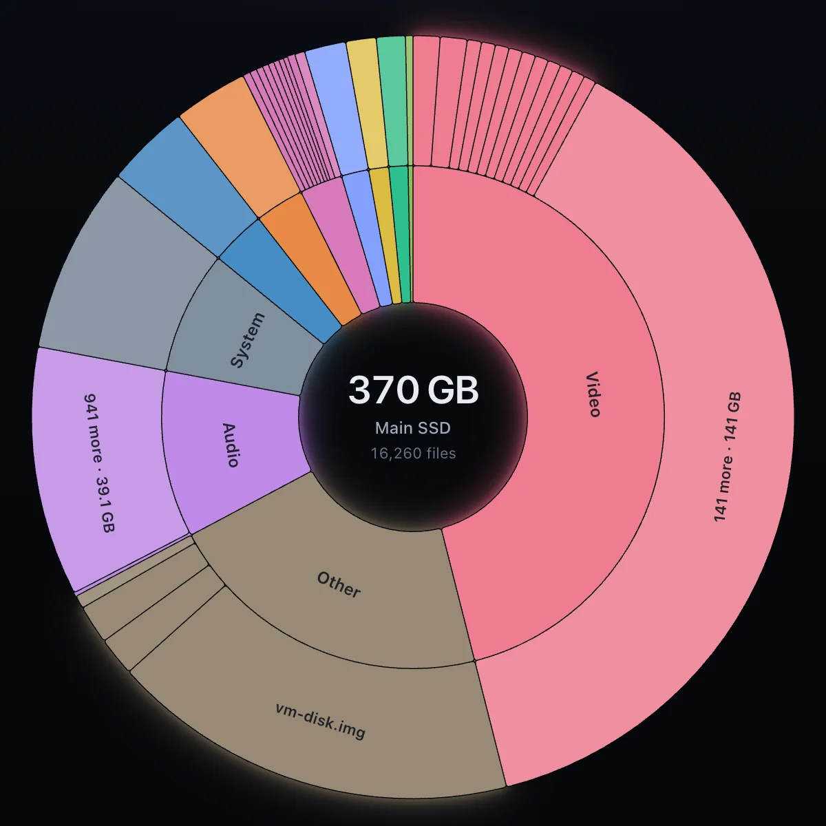 The rings in files mode: video, audio, system and further types inside, the largest files of each type outside.