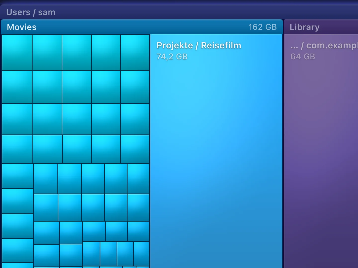Die Treemap von Deepsize aus der Nähe: der Zeiger auf dem Ordner Reisefilm mit 74,2 GB, daneben die Dateien als Flächen.